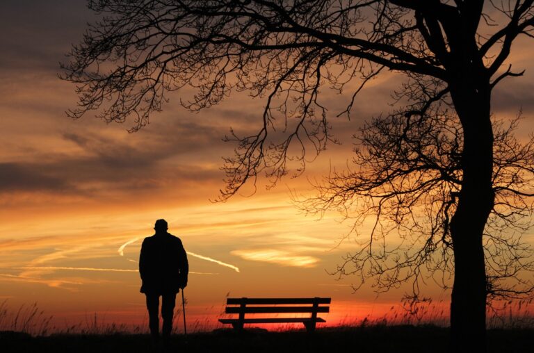 感情を整理するように夕暮れの空を見つめる人物